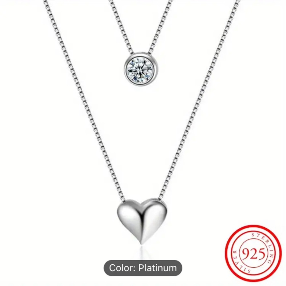 925‎ Sterling Silver Exquisite Heart & Round Shape Zircon Double Layer